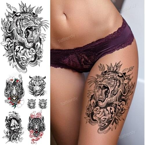 Thigh Arm Sleeve Temporary Tattoo For Women Fake Wolf Tiger Deer Triangle Tatoo Sticker Black Moon Flower Body Art Tattoos Paper