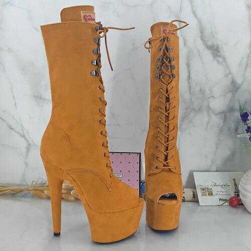 Leecabe Camel Suede 17CM/7inches Pole dancing shoes High Heel platform Boots open toe Pole Dance boots
