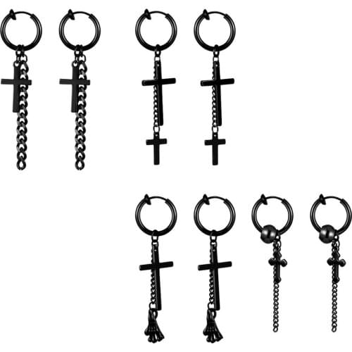 Black Color Cross Clip Earrings Stainless Steel No Pierced Chain Tassel Earcuff Earrings Without Pierced Party Kpop Jewelry