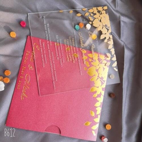 Free customize Plexiglass acrylic card transparent wedding invitation card with wine red pocket envelope