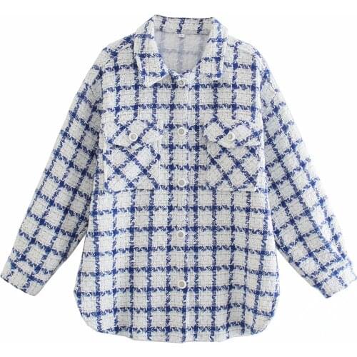 Za 2021 New Autumn Winter Fashion Plaid Print Coat Women Loose Shirt Coat Casual Ladies Coat Lapel Jacket