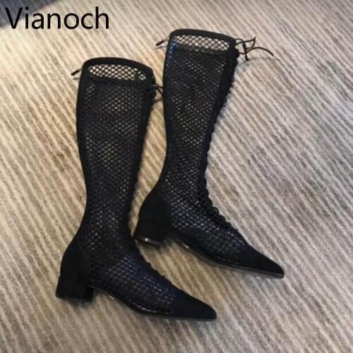 Fashion New Women Sandals Fishnet Boots Knee Length Mesh Shoes Sexy Black Size 40 aa0507