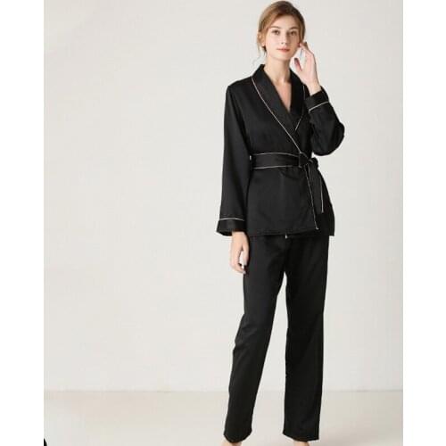 Female Pajamas Ladies Silk Long-Sleeved Trousers Lapel High-End Sleepwear Suit Solid Color Lace Nighties Ethika Women Set 2PCS