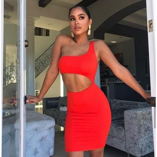 Summer new womens sexy shoulder dew belly tight mini short dress red one-shoulder dress