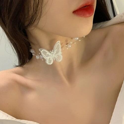 Womens Neck Chain Kpop Pearl Choker Necklace Invisible Fish Line Chocker Jewelry Vintage Butterfly Flowers Pendant 2021 Collar
