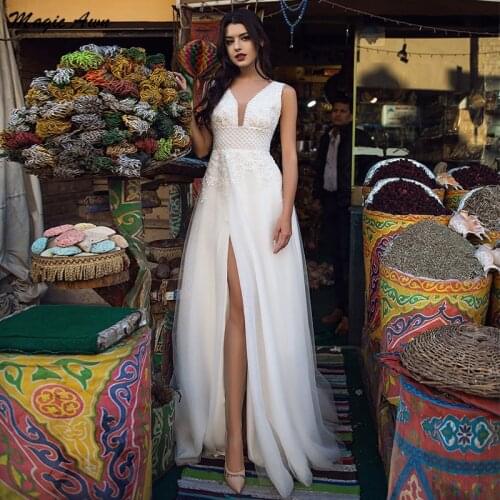 Magic Awn Gorgeous Princess Wedding Dresses Lace Appliques Beaded Sparkly Bohemian Mariage Gowns Side Split Vestidos De Novia
