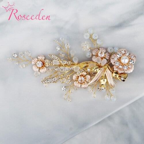 Golden Handmade Crystal Rhinestone Wedding Hair Comb Simulated Pearls Flower Bridal Hair Pins Stickers Women Hair Jewelry RE3774