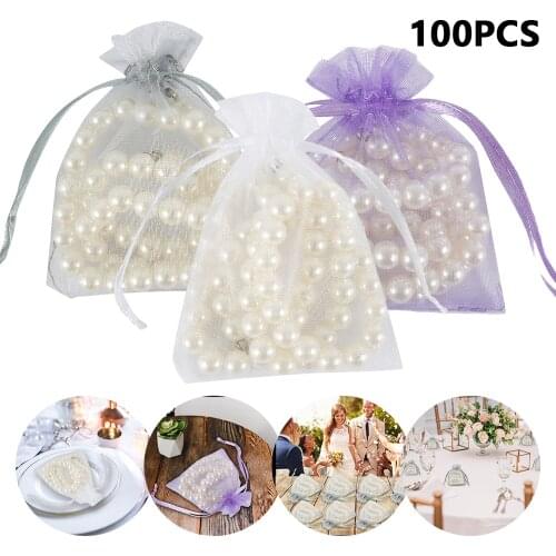 100pcs 7x9cm Party Decorations Drawable Organza Candy Gift Bags Jewelry Pouches Wedding Favor Transparent White Birthday