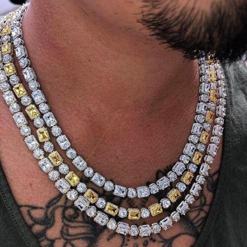 2021 Hiphop Iced Out Bling Cz Cluster Necklace For Women Clear Yellow Two Tone Round Rectangle Geometric Cz Tennis Chain Jewelry