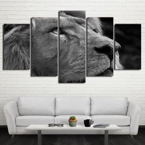 5 Panel Canvas Art Lion Head Painting Gray for Home Living Room Modern Canvas Painting Framework Poster