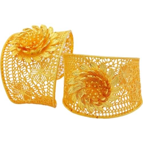 Big Flower Dubai 24K Gold Color Bangle African/Ethiopian/India Cuff Bracrlet For Women Bridal Wedding Jewelry Party Gifts