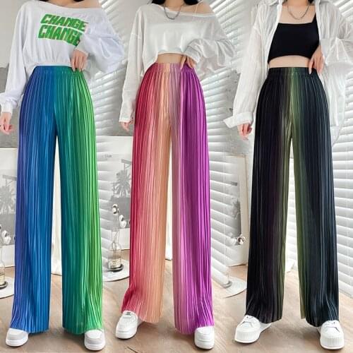 Rainbow gradient pants women pleated straight wide leg loose casual trousers korean fashion streetwear student harajuku pants