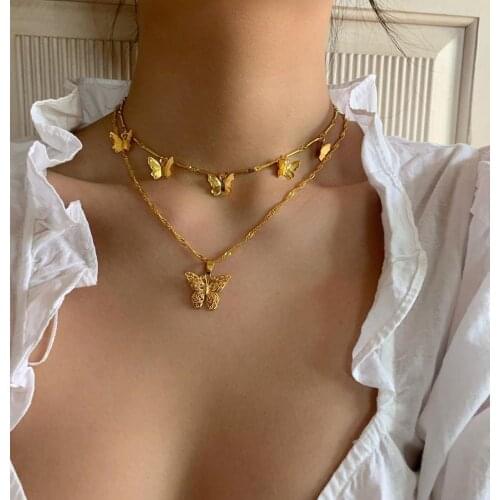 Fashion Pendant Chain Multilayer Jewelry Necklace Women Gold Color Vintage Butterfly