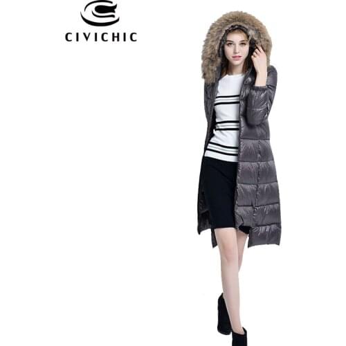 CIVICHIC High Quality Woman Raccoon Fur Collar Down Jacket Slim Long Hooded Winter Coat Lady Irregular Soft Eiderdown Wear DC549