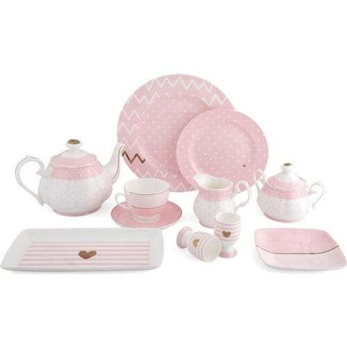 Pink White 41-Piece Porcelain Breakfast Set Kitchen Accessory 6*(Serving Plates, Cake Plates, Teacup and Saucer, Ovaries) Porce