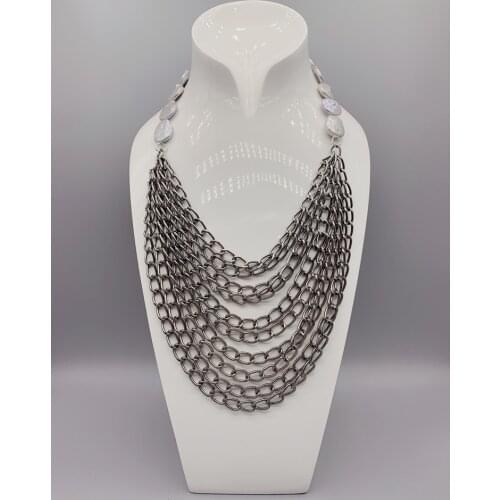 10 Strands Of Pewter Chains Layered Necklace With 1 Strand of Gray Coin Pearls Toggle Clasp For Women Gifts 19 Inch
