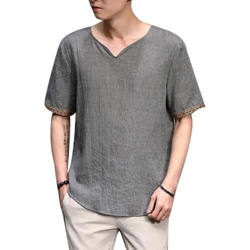 T-Shirts Men Retro Men Plus Size Linen Rhombus Patchwork Short Sleeve V Neck T-Shirt Top Mens Clothing 2021
