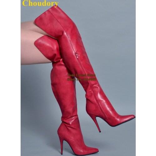 Choudory Red White Black Over-the-knee Boots Thin High Heels Zipped Thigh High Boots Fall Winter Long Boots Outdoor Dress Shoes