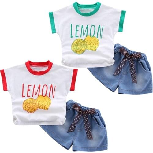 Summer Baby Girls Clothes Set Toddler Kids Girl Lemon Print T-shirt +Denim Shorts 2Pcs Outfits Sets