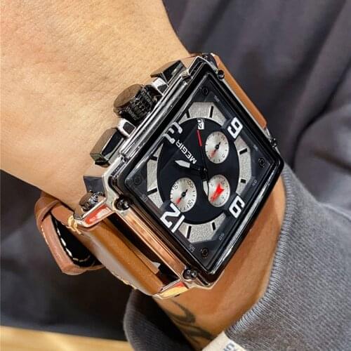 Creative Square MEGIR Mens Leather Strap Army Chronograph Quartz Wrist Watch Sports Watches Men Clock Male Relogios Masculino