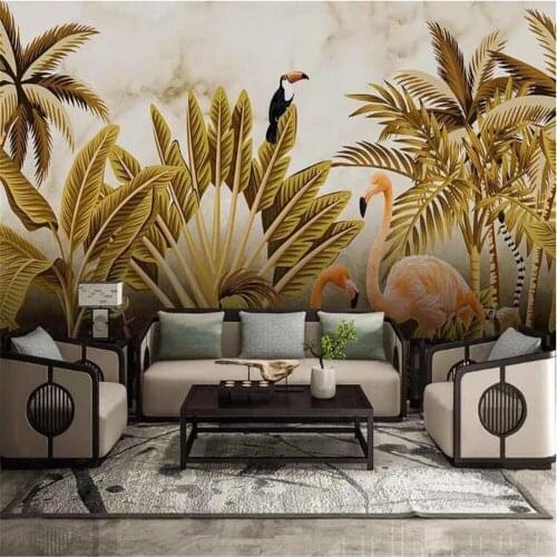 Milofi medieval golden HD tropical leaves flamingo large wallpaper mural bedroom background wall