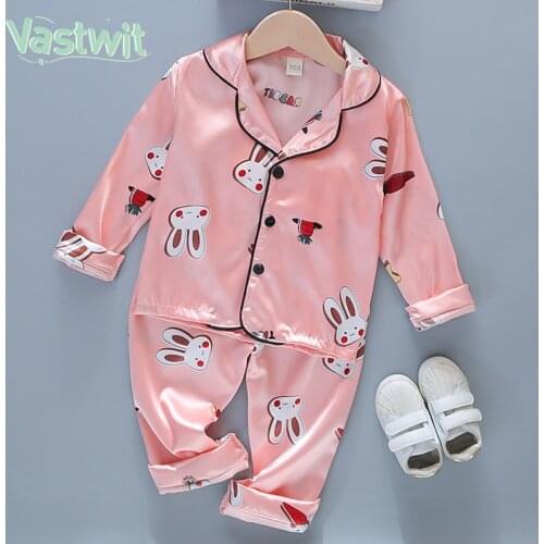 Toddler Kids Girls Boys Pajama Sets Long Sleeve Lapel Buttons Blouse Top+Pant Satin Silk Casual Homewear Sleepwear Nightwear