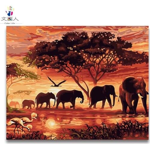 Diy Coloring paint By Numbers Animal Sunset African elephant herd pictures Paintings By Numbers with kits package on canvas