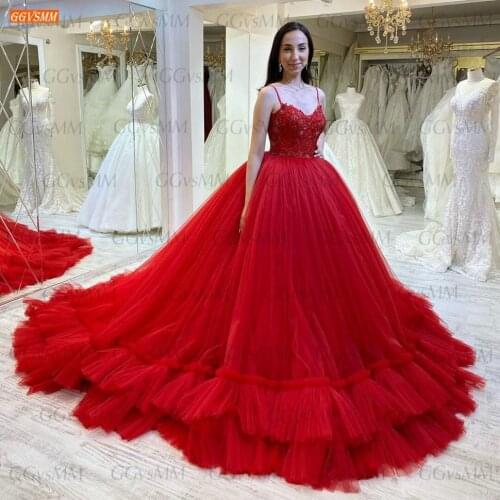 Luxurious Red Wedding Gowns for Bride Appliques Beaded Tulle Ball Gown Bridal Dresses Long 2020 Women Custom Made Robe De Mariee