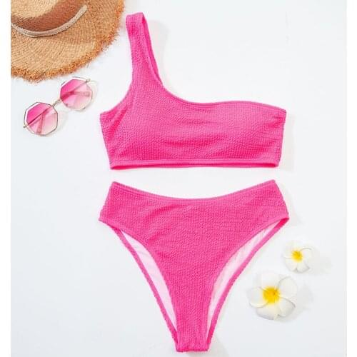 Sexy One Shoulder Swimsuit Women Bikinis Set Roes Red Ruched Swimwear Bandeau Bathing Suit 2021 High Cut Biquinis Summer Bikini