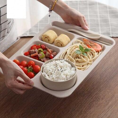 Student Lunch Boxes Wheat Straw Bento Box With Compartments Tableware Set For Kids Home School Picnic Microwave Food Container