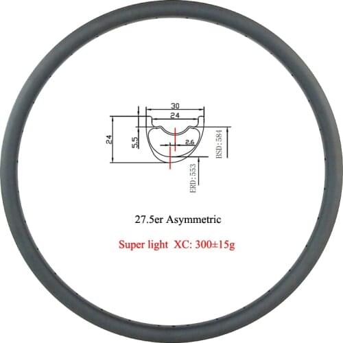 Ultralight 300g 27.5er 650B MTB XC 30mm x 24mm asymmetric tubeless carbon rim 27.5 inch cross country bike rim 650 24 28 holes