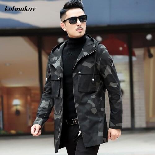 Kolmakov New Arrival Autumn Style Men Boutique Camouflage Trench Coat Fashion Casual Hooded Hat Mens Leisure Zippers Jacket