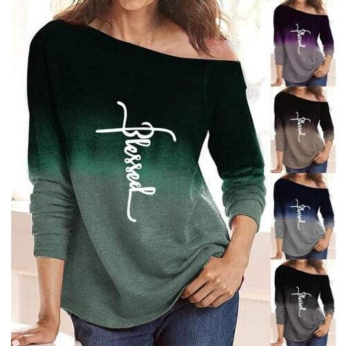 Womens Casual Shirt Fashion Slash Neck Letter Colorful Korean Style Harajuku Long Sleeves Streetwear Tops T-shirt femme Outfits