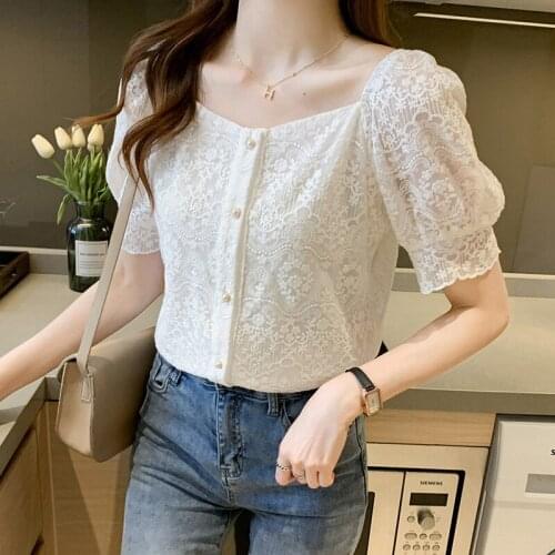 QOERLIN Women Lace Shirts Chic New Shirts Summer Solid Sweet Retro French Gentle Short Sleeves Elegant Loose Blouse Female Tops