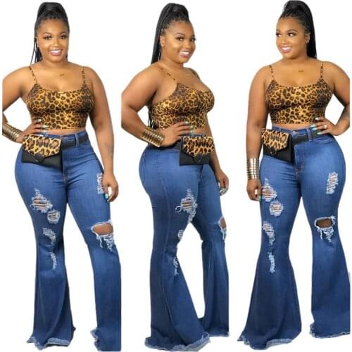 Plus Size Solid Ripped Women Denim Flared Pants 2020 Winter Lady High Waist Streetwear Skinny High Elastic Bell-bottomed Jeans