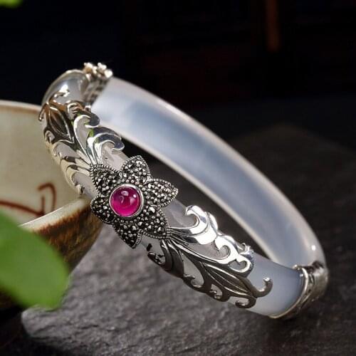 Vintage Thai 925 Sterling Silver bangles Hand Bracelet For Women White&Green Chalecdony Jewelry Fine Birthday Gifts Top Quality