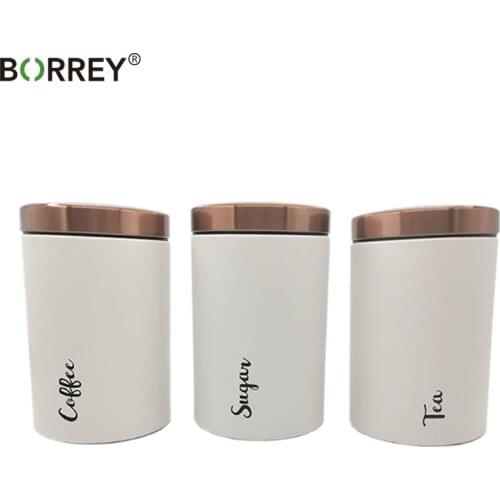 BORREY 3pcs Tea Coffee Sugar Canister Kitchen Storage Jars Tins Tight Sealing Metal Food Storage Tin Organization Canister Set