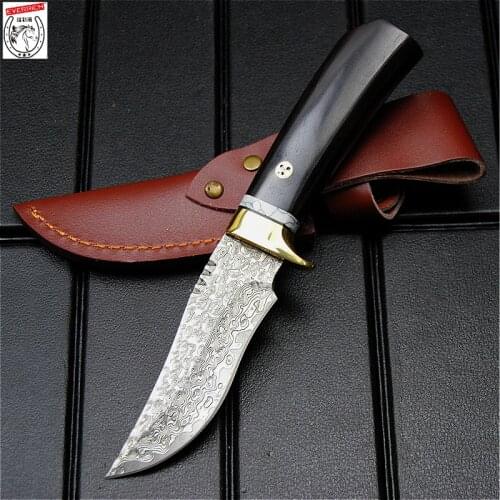 Damascus outdoor rescue straight knife with close-in defense tactics straight knife north American hunting knife + leather case