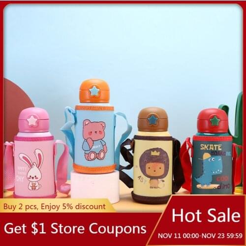 500ML Children Vacuum Flask With Straws Dual-Purpose Student Portable Cute Thermos Diagonal Strap Stainless Steel Water Bottle