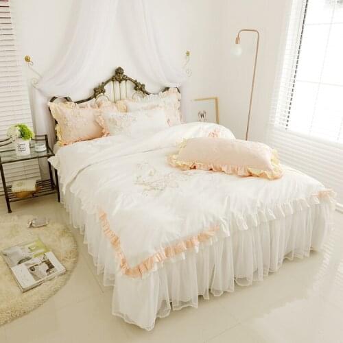 Princess style Butterfly Embroidery bedding sets 4pcs cotton linens ruffles border Full Queen King duvet cover+Bedskirt+pillowca