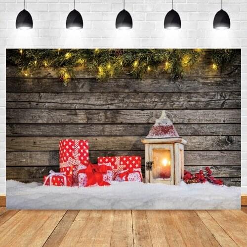 Laeacco Old Wood Boards Christmas Snowfield Backdrop For Photographic Pine Leaves Gift Lantern Poster Child Photocall Background