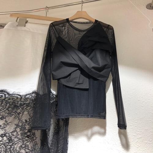 Fashion Solid Color Gauzy Stitching T-shirt for Ladies 2021 Autumn New Versatile Long Sleeves Round Neck Pullover Top Women