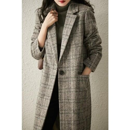 Fashion Style Fashionable and Elegant Plaid Medium Long Wool Coat Female