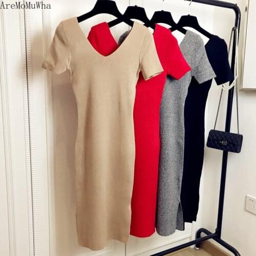AreMoMuWha 2019 Autumn New Korean Womens V-neck Short-sleeved Split Dress Bottom Knit Slim Bag Hip Dress Bodycon MH474