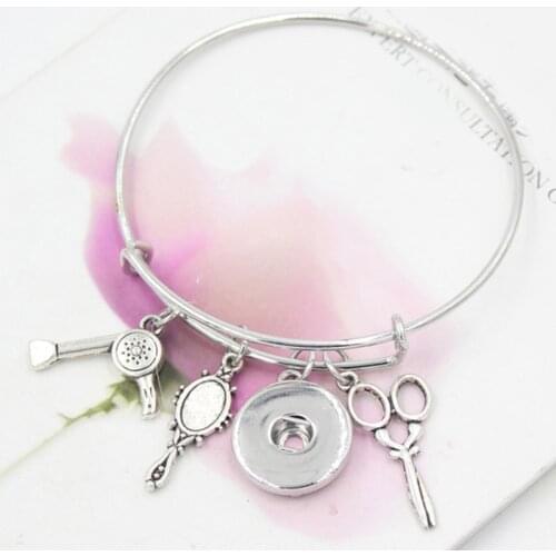 Snap Jewelry Hair Stylist Dryer Mirror Scissors Charm Bracelets Liobonar Snap buttons charms Bangle Bracelets Bijoux Pulsera