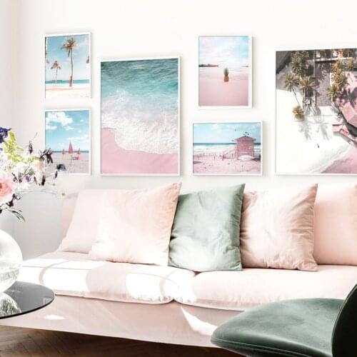 Beach Hotel Lifeguard Tower Pink Parasol Wall Art Canvas Painting Nordic Posters And Prints Wall Pictures For Living Room Decor