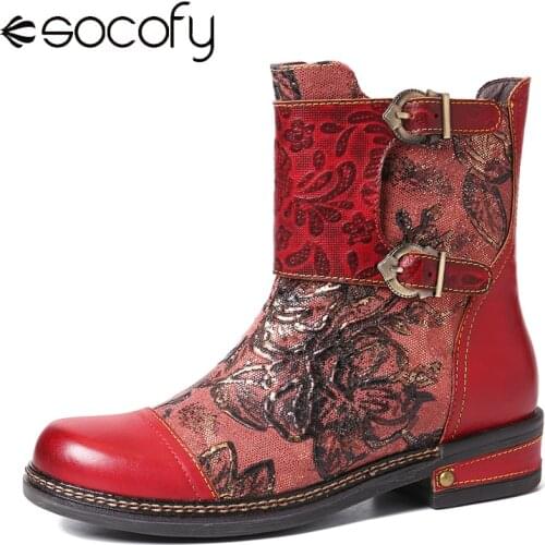 SOCOFY Retro Embossed Rose Genuine Leather Colorful Stitching Flat Zipper Short Boots Elegant Shoes Women Shoes Botas Mujer 2020