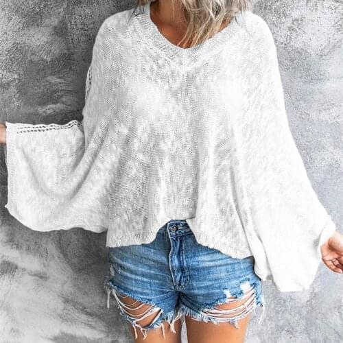 Fashion V-neck Pullover Knitted Hollow Bat Sleeve Sweater Aesthetic Sweater Autumn 2021 Ladies Clothes Pullover