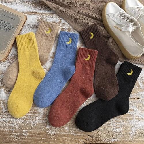 Clearance Sale Autumn Winter Woman Socks Moon Embroidery Thicken Warm Long Socks Harajuku Retro Thermal Cashmere Wool Crew Socks