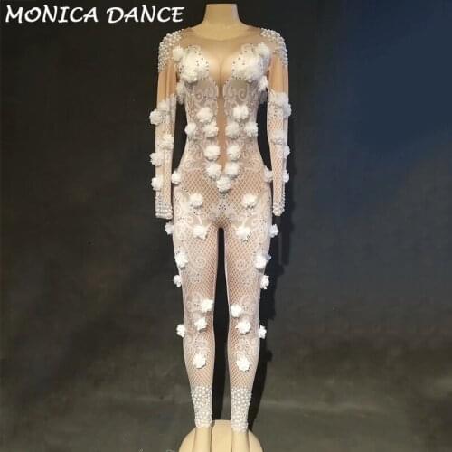Sexy Stage Nightclub DjDs White Flowers Printed Jumpsuit Rhinestones Bodysuit for Singer Wear Womens Birthday Celebrate Outfit